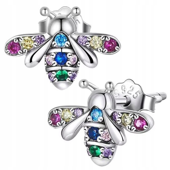 Cercei argint 925 pentru fete, design albinuta, zirconii colorate, 8.4x11.2mm