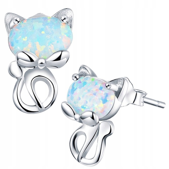 Cercei argint 925 Trusky, design pisicuta cu opal, hipoalergenici, 11, 5x7, 2mm, argintiu