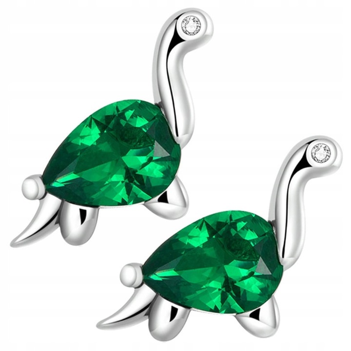 Cercei din Argint 925 pentru Fete, Dinozaur, Zirconiu Verde, 9, 3x11mm