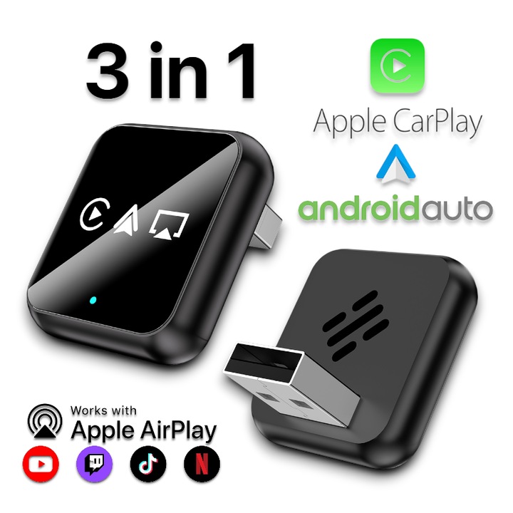 Адаптер за кола Niru AirDrive X, 3-в-1, Безжичен, За iOS, iPhone CarPlay и Android Auto безжично видео, Стрийминг приложения за телефон Netflix/YouTube/TikTok/Waze чрез AirPlay, Screen Mirror, WiFi 5 Bluetooth 5.2, Премиум метален, Универсален, Черен