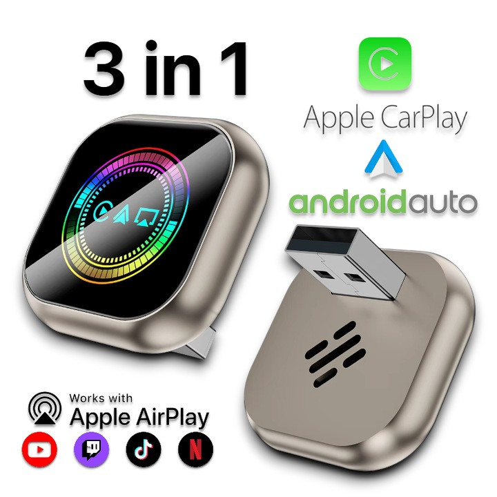 Адаптер за кола Niru AirDrive Q, 3-в-1, Безжичен, За iOS, iPhone CarPlay и Android Auto безжично видео, Стрийминг приложения за телефон Netflix/YouTube/TikTok/Waze чрез AirPlay, Screen Mirror, WiFi 5 Bluetooth 5.2, Металик, Универсален, Златист