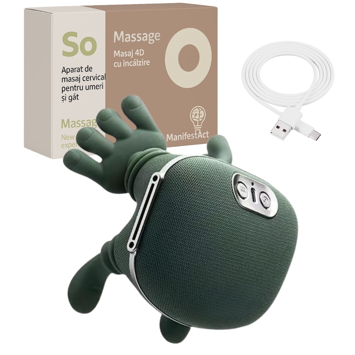 Aparat masaj cervical gat si umeri 4D cu incalzire, ManifestAct profesional, fara fir, masaj ce imita mana umana, 3 moduri, cu autonomie la baterie de pana la 12 zile pentru relaxare si dureri musculare perfect pentru un cadou de Craciun