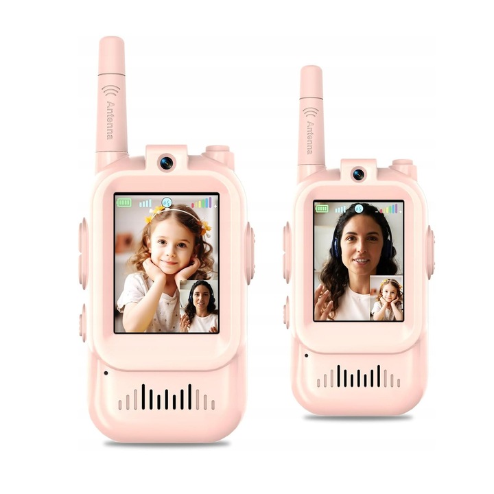 Walkie Talkie Videó Gyermekeknek, 2 db-os Szett, HD Képernyő, Újratölthető, Hangváltó, Valós Idejű Videó Chat, 3–12 Éveseknek, Rózsaszín