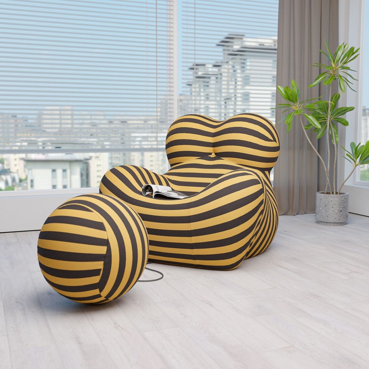 Fotoliu din spuma Mobilinni, model Zanzibar, negru-galben, fara asamblare, 118 x 102 cm