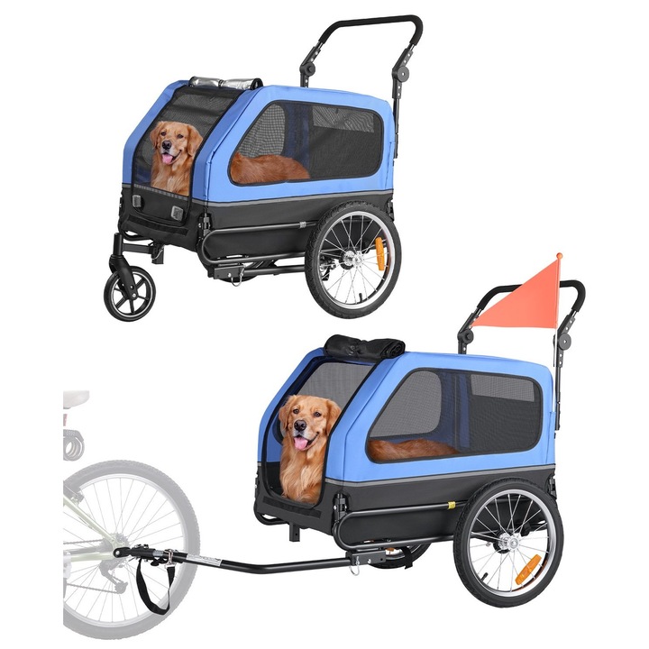 Remorcă pentru câini 2 în 1, capacitate 40 kg, pliabilă, roți cu eliberare rapidă, 800x535x560mm