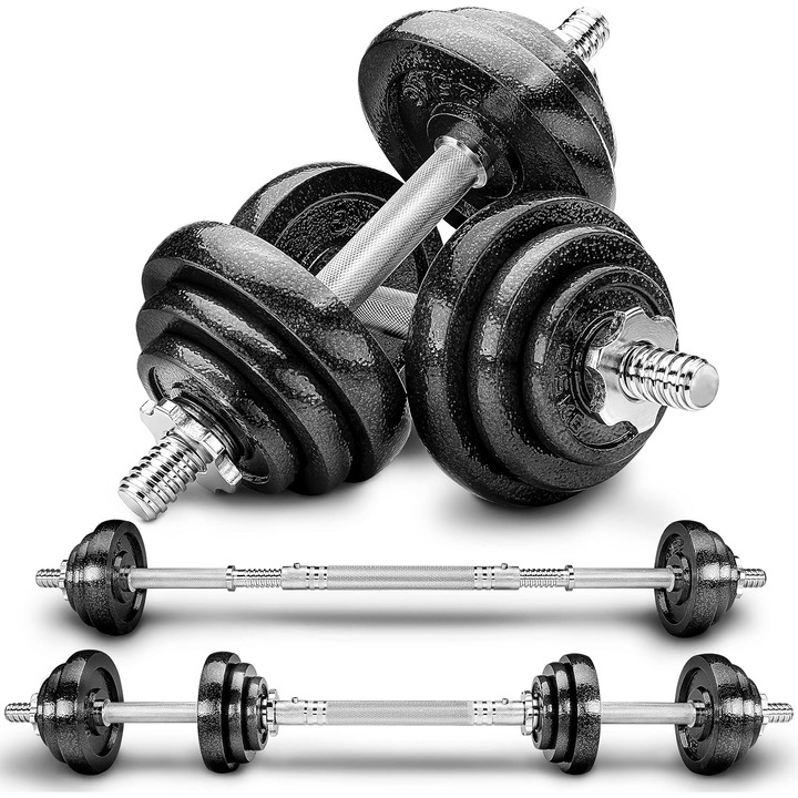 Set Gantere Fonta GO4FIT®, 20kg, Haletera Profesionala Reglabila, Manere Antiderapante, Bara Conectare, Antrenament Complet Acasa sau Sala