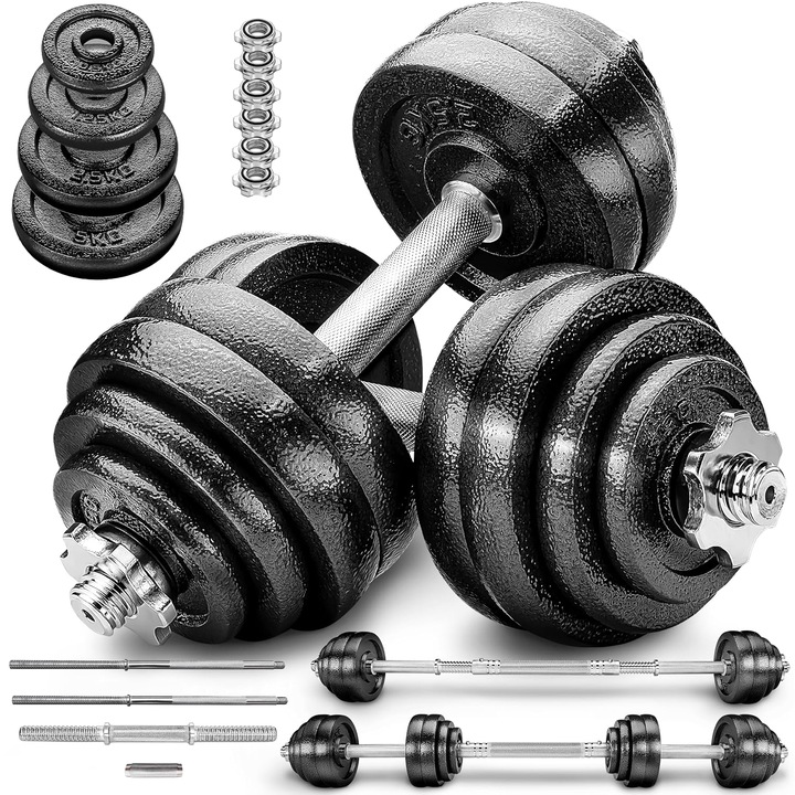 Set Gantere Fonta GO4FIT®, 50kg, Haletera Profesionala Reglabila, Manere Antiderapante, Bara Conectare, Antrenament Complet Acasa sau Sala
