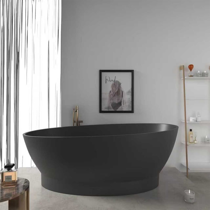 Cada freestanding Edena, compozit mineral, Negru Mat, 160x83x62 cm, ventil negru inclus