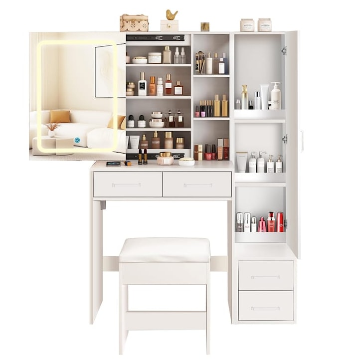 Тоалетка с плъзгащо се LED огледало в три цвята, четири чекмеджета, една врата на шкаф и достатъчно място за съхранение, размери 100x40x142 см, бяла