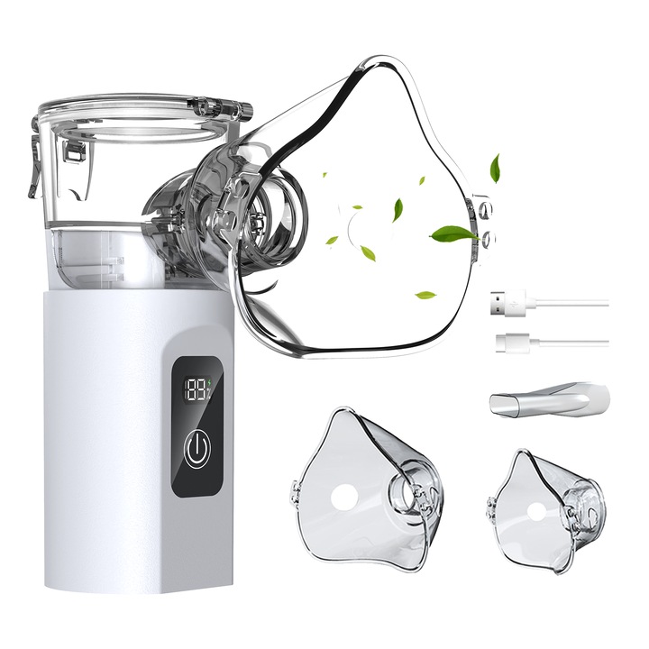 Omelivon - Aparat Aerosoli Portabil, Inhalator Nebulizator Mesh Ultrasonic, Rezervor 8 ml, Terapie Rapida, Silentios Auto-Curatare, Baterie 1800 mAh USB-C, Aerosoli Copii & Adulti, Kit Masti Incluse