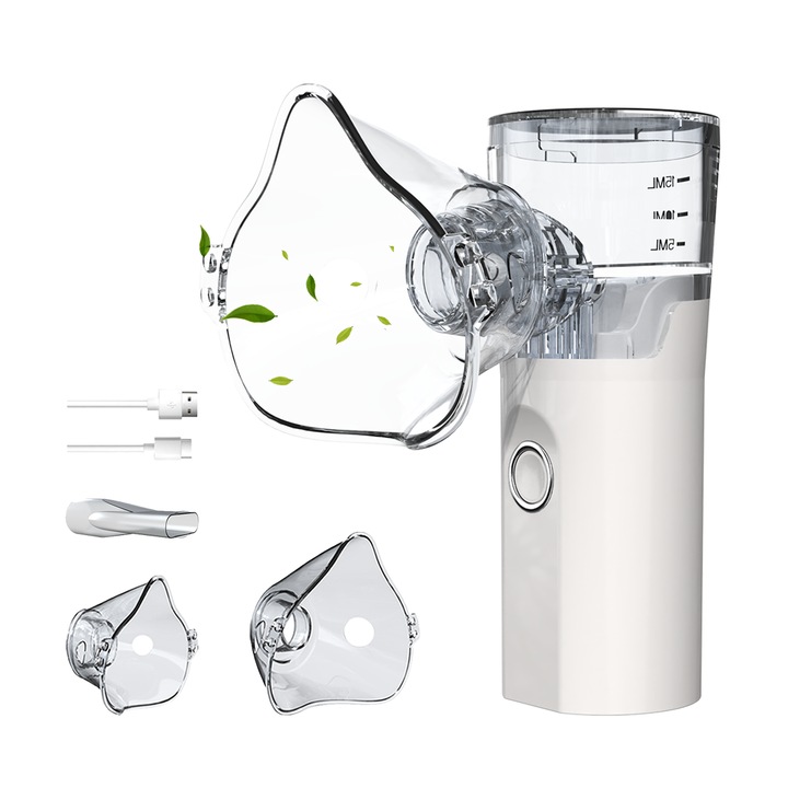 Omelivon - Aparat Aerosoli Portabil, Inhalator Nebulizator Mesh Ultrasonic, Rezervor 8 ml, Terapie Rapida, Silentios Auto-Curatare, Incarca USB-C, Aerosoli Copii & Adulti, Kit Masti Incluse