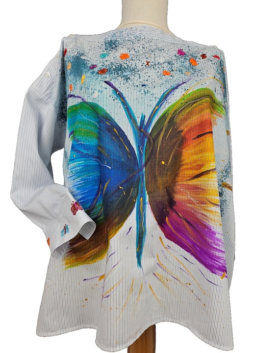 Női ing Pillangórepülés, fehér világoskék csíkokkal, M-es méret, pamut, egyedi, kézzel festett és hímzett