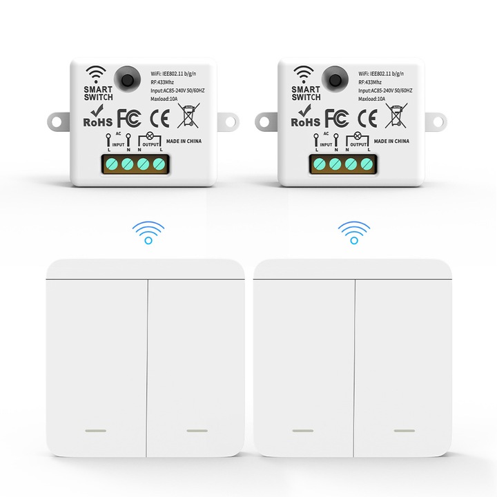 Set comutator wireless AjieQaQ, 2 transmitatoare + 2 receptoare, RF 433 MHz, 10A, dimensiuni 47x42x23mm, pentru controlul luminilor
