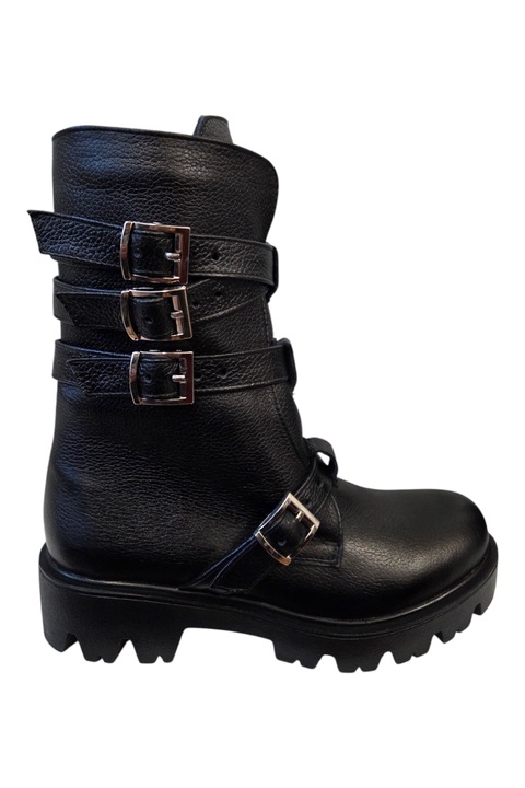 Bocanci dama, SandAli, piele naturala, catarame, fermoar lateral, Negru