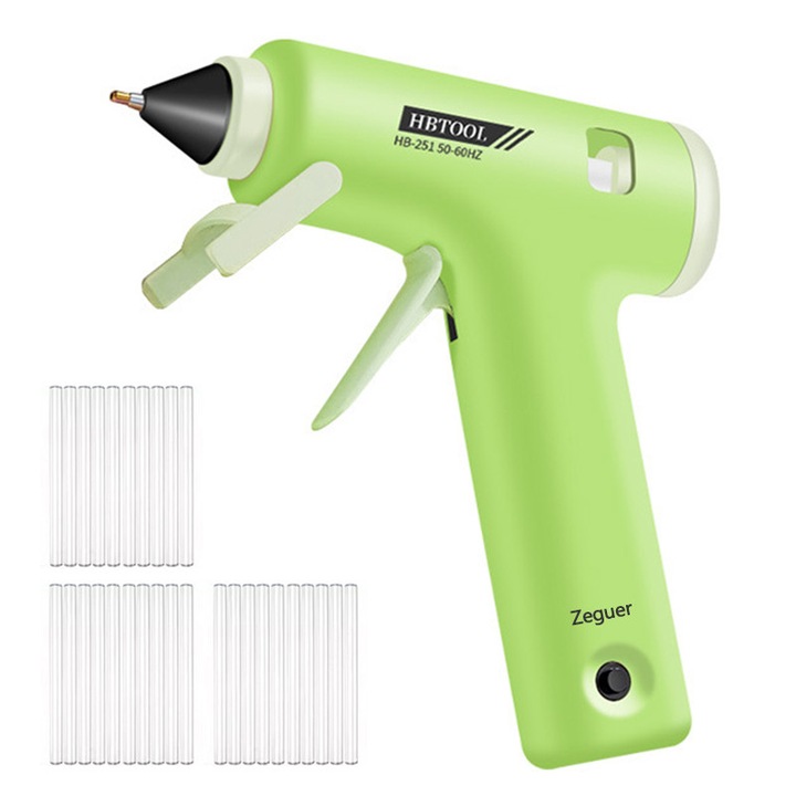 Set pistol de lipit Zeguer 20W, 30 bete silicon incluse 7 mm, Pentru hobby, reparatii si bricolaj, Baterie Li-Ion, incarcare USB-C, Verde