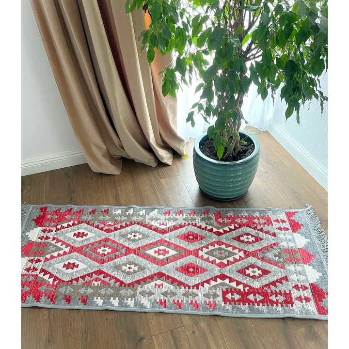 Covor traditional, cu doua fete, dimensiunea 120x180 cm, rosu-gri