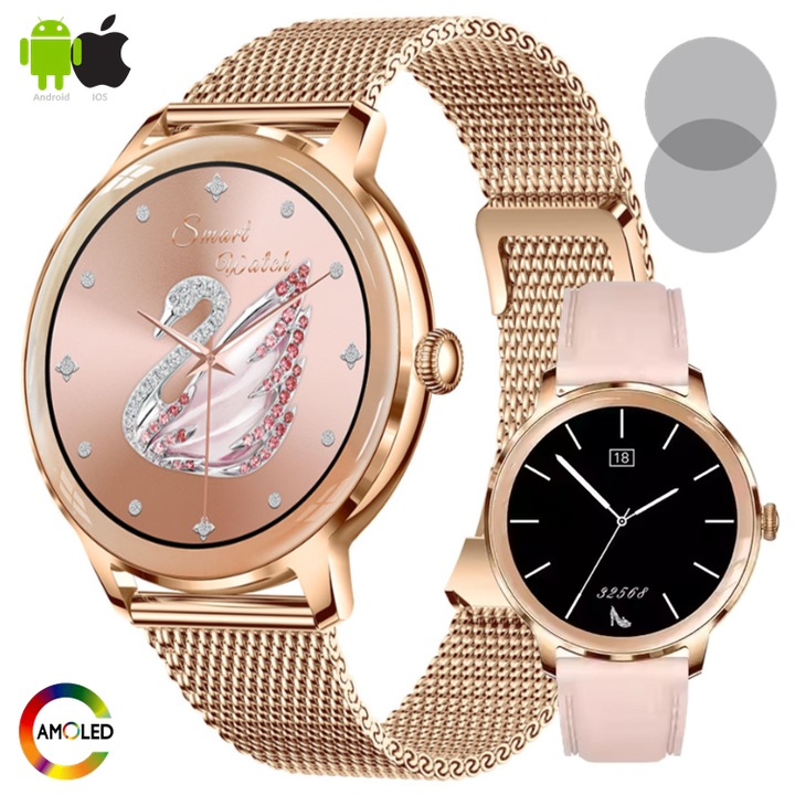 ZENARK® T50-XS PRO Női Okosóra, 2 Szíj, 2 Képernyővédő, AMOLED Ultra HD 4K Kijelző, Értesítések/Hívások/SMS/E-mail, Alvás, Pulzusszám, Vérnyomás, Véroxigén, 100+ Sportmód, IP67 Vízálló, Bluetooth 5.4, Arany