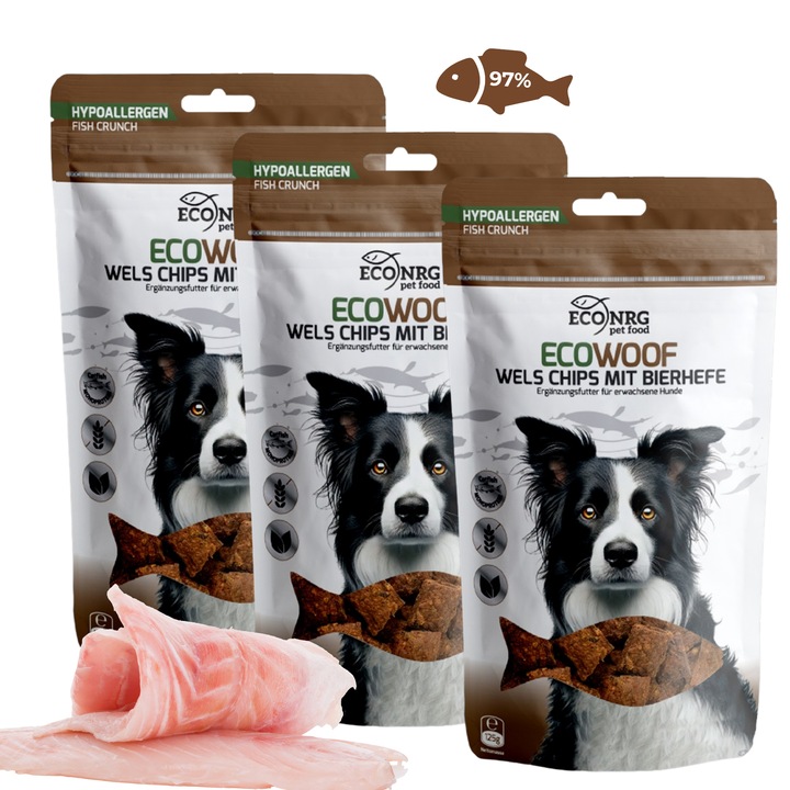 Recompense pentru caini, CHIPSURI DIN SOMN CU DROJDIE DE BERE, Monoproteina, Bogat in Omega 3, Snack din peste, Ingrijire piele si blana, Fara gluten, Ingrijire dentara, Training (3*125g)