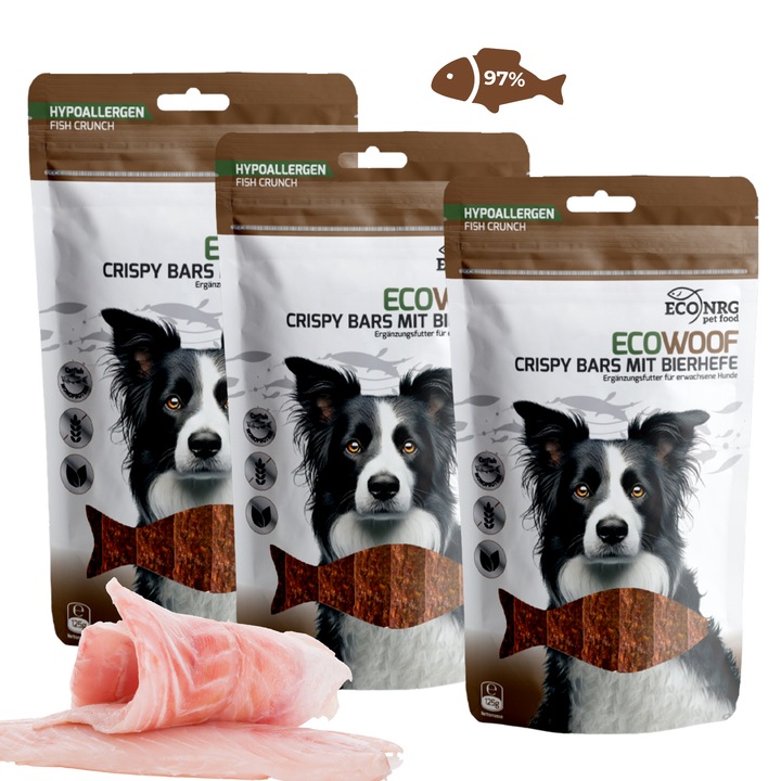 Recompense pentru caini, CRISPY BARS CU DROJDIE DE BERE, Monoproteina, Bogat in Omega 3, Snack din peste, Ingrijire piele si blana, Fara gluten, Ingrijire dentara, Training (3*125g)