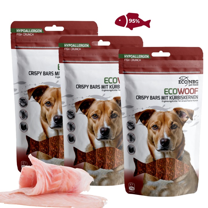 Recompense pentru caini, CRISPY BARS CU SEMINTE DE DOVLEAC, Monoproteina, Bogat in Omega 3, Snack din peste, Ingrijire piele si blana, Ingrijire dentara, Training (3*125g)