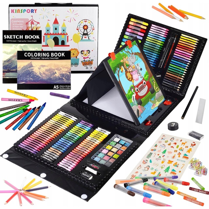 Set artistic 290 piese, creioane colorate, multicolor, pentru copii 4-12 ani