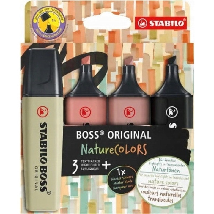 Комплект от 4 маркера Stabilo BOSS Original, асорти, ширина на линията 2mm-5mm, технология против изсъхване, за деца
