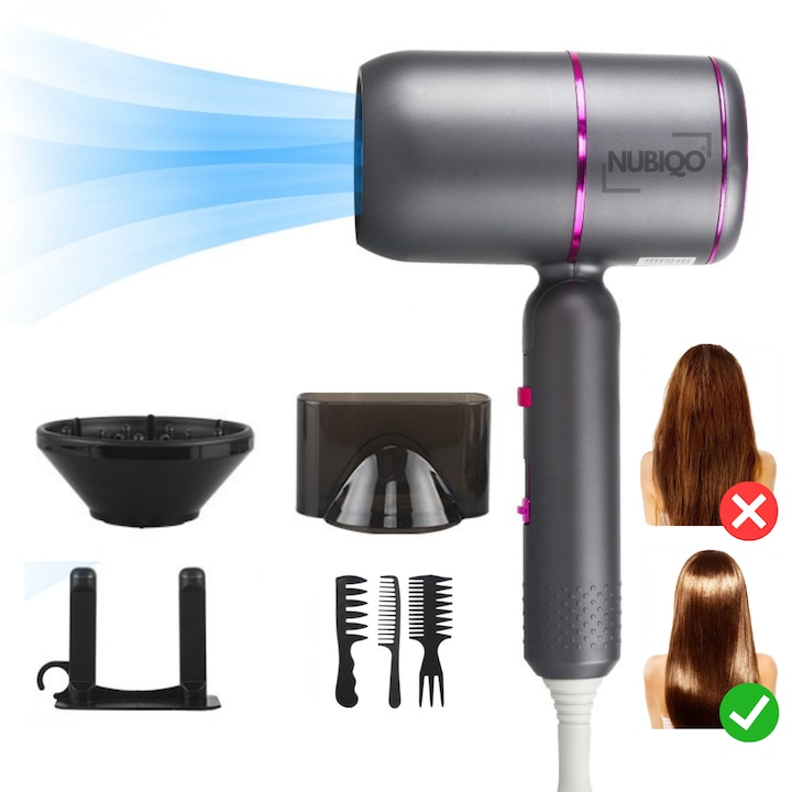 Professzionális hajszárító negatív ionokkal, NUBIQO®, 2000W, 3 hőmérsékletfokozat + hideg levegő, 2 sebességfokozat, 1.8m kábel, csendes motor, hővédelem, styling kiegészítők, szürke/lila