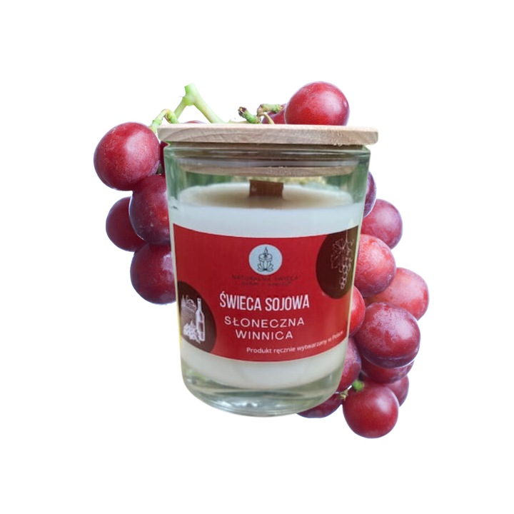 Lumanare soioasa Naturalna Swieca prosto z natury, Sloneczna Winnica, 250 ml, aroma de struguri dulci, knot din lemn