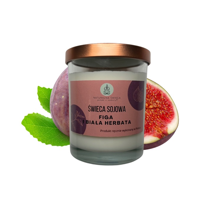 Lumanare sojowa Naturalna Figa si Biala Herbata, 250 ml, knot din lemn, aroma fresh, timp de ardere 55 ore
