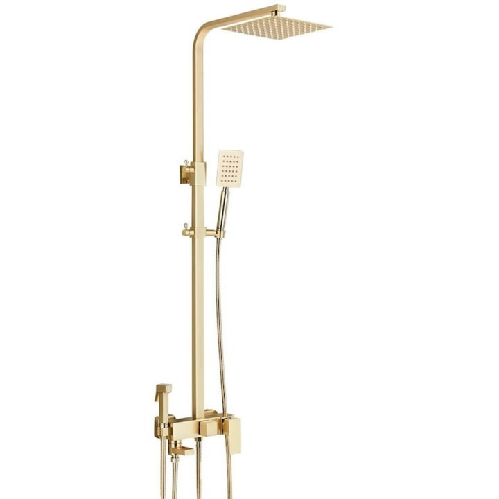 Coloana de Dus SoSaR® cu Baterie pentru Cada sau Dus, 4 Functii, Alama & Inox, Palarie 20×20 cm, Finisaj Auriu Nichelat, Inaltime Reglabila