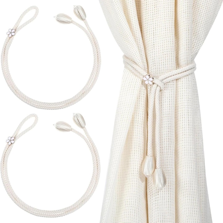 Snur prindere perdele, set 2 bucati, bej, 50 cm, poliester si bumbac-lin