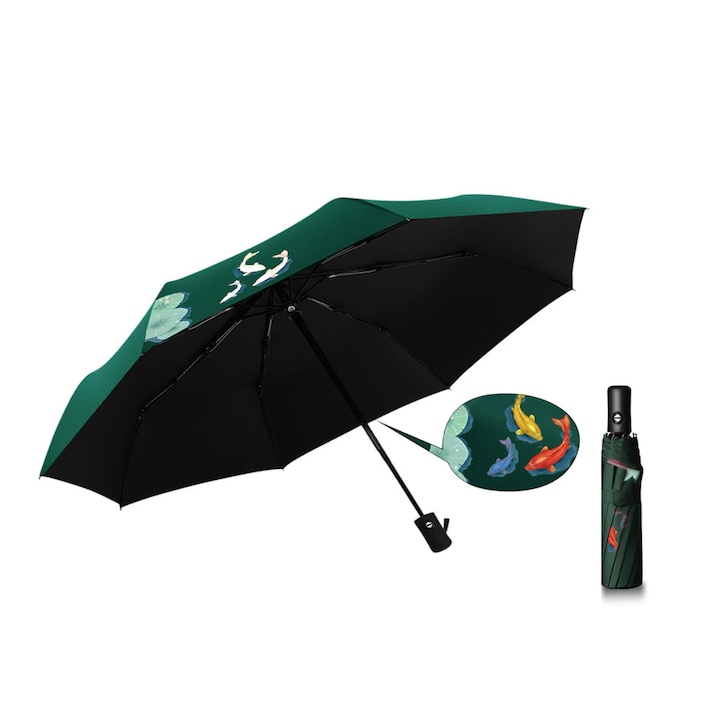 Umbrela Pliabila 3 IN 1, Cu Modelat, Isi Schimba Culoarea Cand Este Uda, AEWOYAD®, Maner Nasturi, 8 Coaste, Deschidere si Inchidere Automata, Rezistenta La Vant, Protectie Solara, 107 cm, Portabil si Durabil, Unisex, Verde Inchis