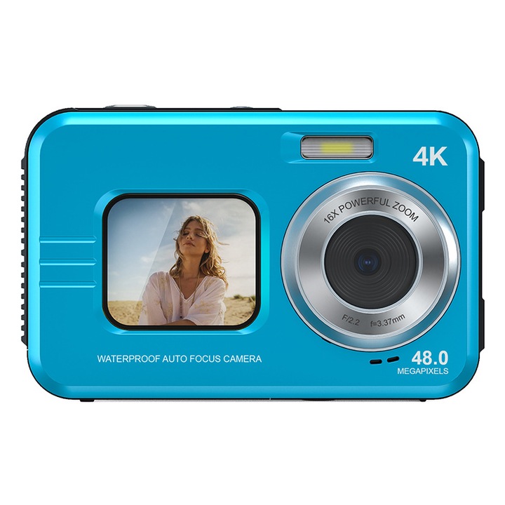 Camera video sport, dual screen, impermeabila, 5K, albastra