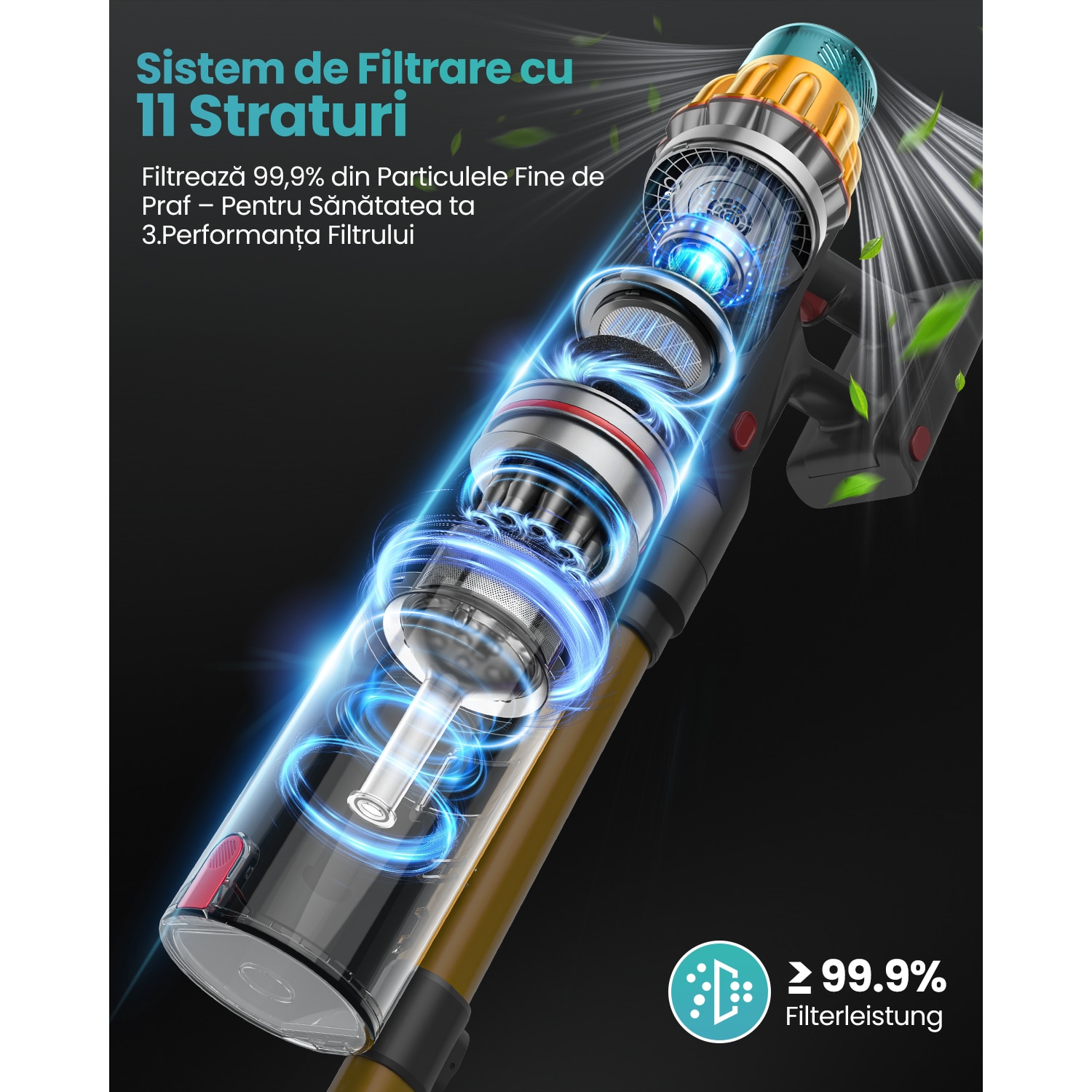 Aspirator Vertical Fara Fir MAUOKE® V17MAX, 85kPa, 80min, HEPA -Filtrare de Calitate Medicala H13, 2.6L Praf Colector, LED Anti-incurcare Cap de Perie in V, 60 dB Ultra-silentios, Ecran Tactil OLED, Incarcare Montata pe Perete, 12-in-1, Auriu/Albastru
