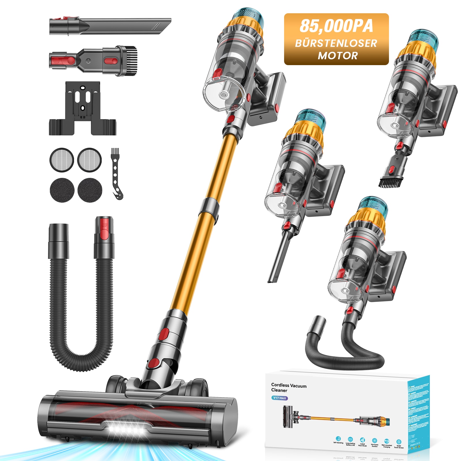 Aspirator Vertical Fara Fir MAUOKE® V17MAX, 85kPa, 80min, HEPA -Filtrare de Calitate Medicala H13, 2.6L Praf Colector, LED Anti-incurcare Cap de Perie in V, 60 dB Ultra-silentios, Ecran Tactil OLED, Incarcare Montata pe Perete, 12-in-1, Auriu/Albastru