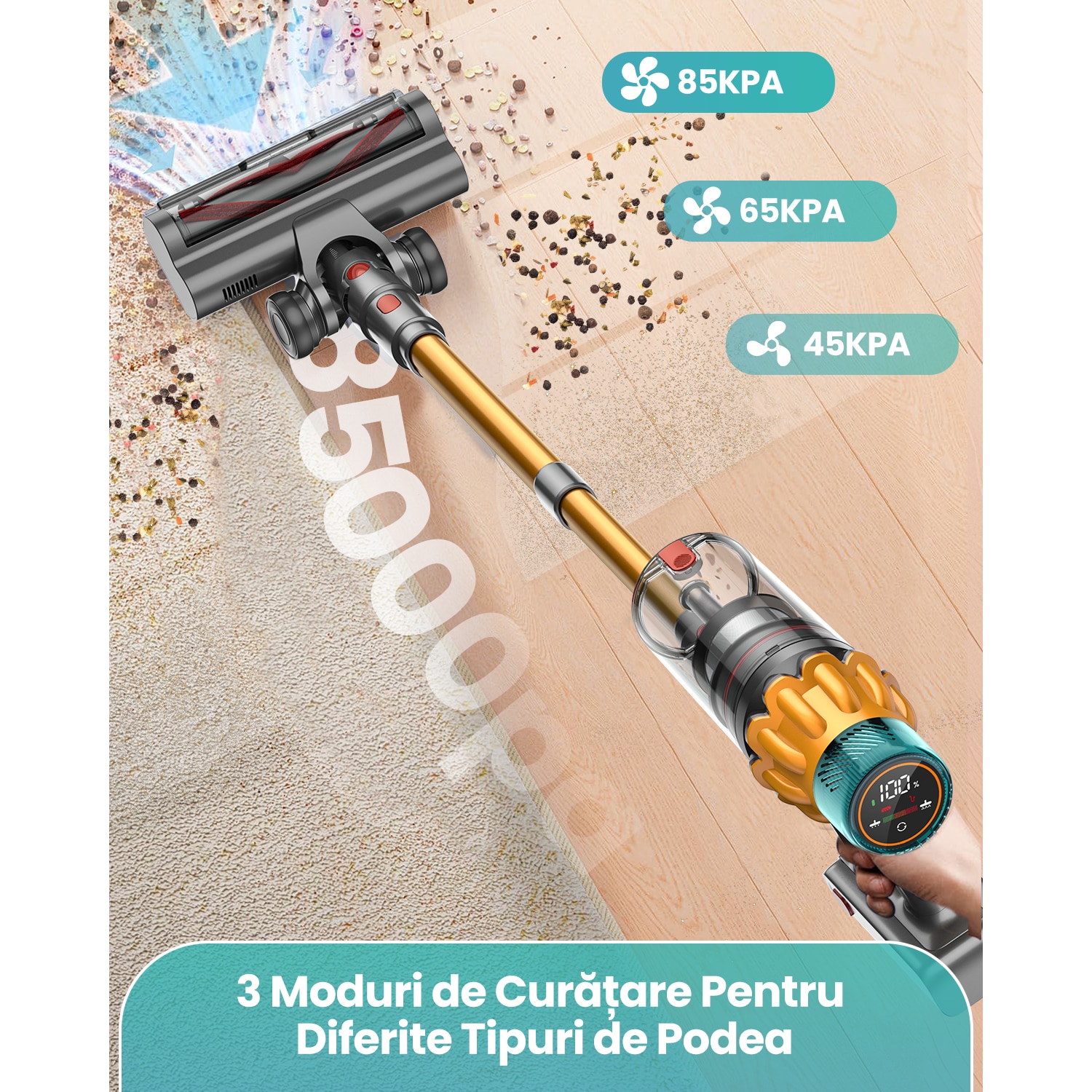 Aspirator Vertical Fara Fir MAUOKE® V17MAX, 85kPa, 80min, HEPA -Filtrare de Calitate Medicala H13, 2.6L Praf Colector, LED Anti-incurcare Cap de Perie in V, 60 dB Ultra-silentios, Ecran Tactil OLED, Incarcare Montata pe Perete, 12-in-1, Auriu/Albastru