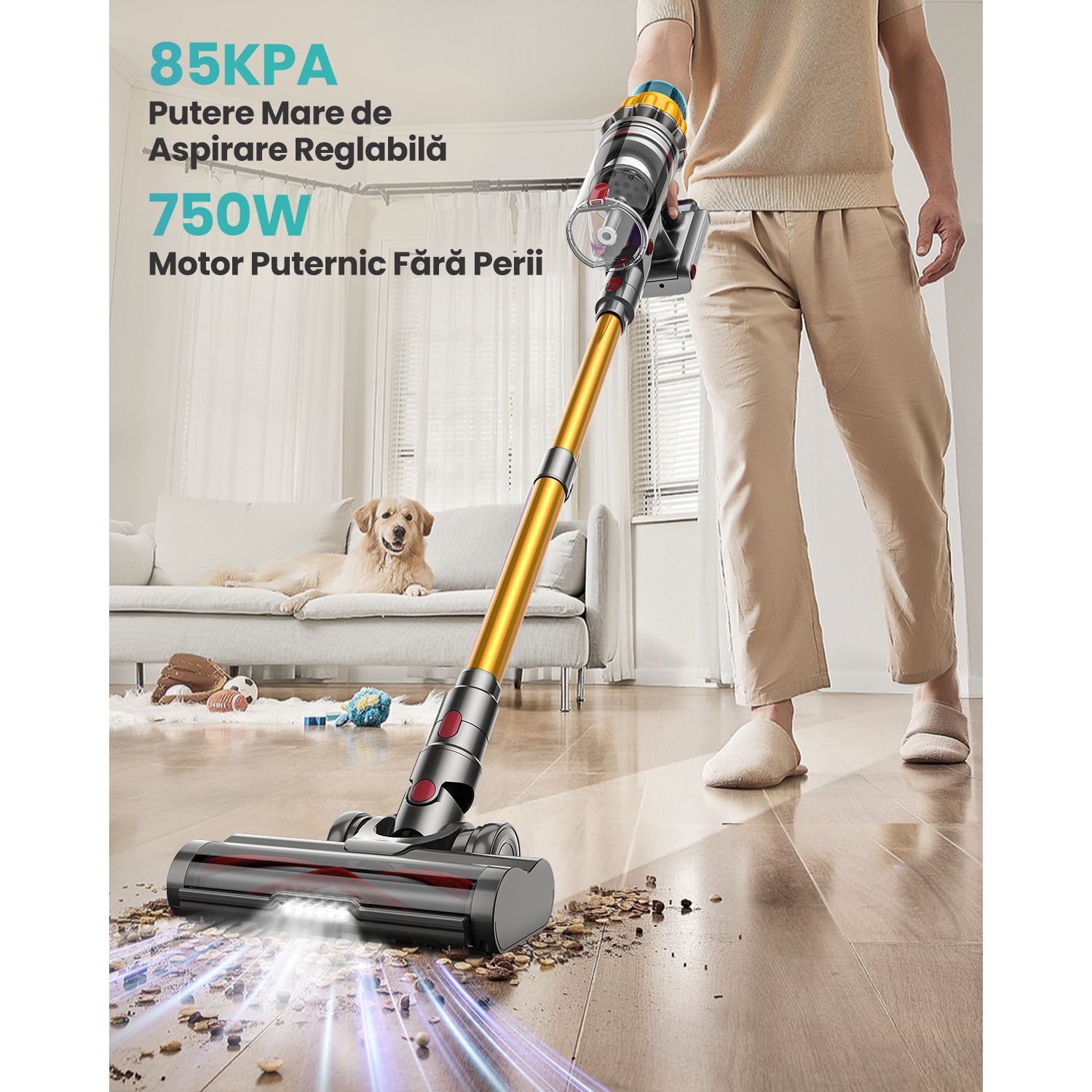 Aspirator Vertical Fara Fir MAUOKE® V17MAX, 85kPa, 80min, HEPA -Filtrare de Calitate Medicala H13, 2.6L Praf Colector, LED Anti-incurcare Cap de Perie in V, 60 dB Ultra-silentios, Ecran Tactil OLED, Incarcare Montata pe Perete, 12-in-1, Auriu/Albastru