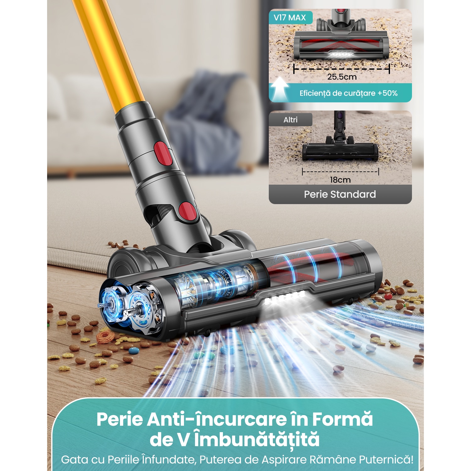 Aspirator Vertical Fara Fir MAUOKE® V17MAX, 85kPa, 80min, HEPA -Filtrare de Calitate Medicala H13, 2.6L Praf Colector, LED Anti-incurcare Cap de Perie in V, 60 dB Ultra-silentios, Ecran Tactil OLED, Incarcare Montata pe Perete, 12-in-1, Auriu/Albastru