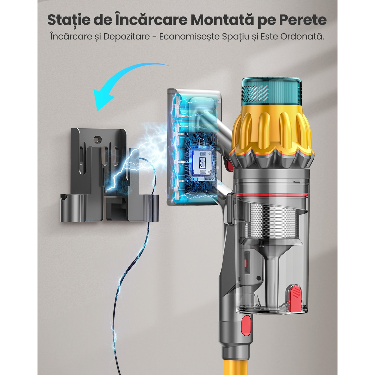 Aspirator Vertical Fara Fir MAUOKE® V17MAX, 85kPa, 80min, HEPA -Filtrare de Calitate Medicala H13, 2.6L Praf Colector, LED Anti-incurcare Cap de Perie in V, 60 dB Ultra-silentios, Ecran Tactil OLED, Incarcare Montata pe Perete, 12-in-1, Auriu/Albastru