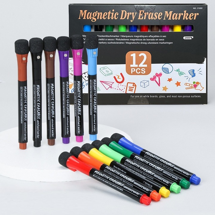 12 darab mágneses táblamarker szett, törlőszivaccsal és mágnessel, sima írás, könnyen törölhető írás, Lunniquee®, Többszínű