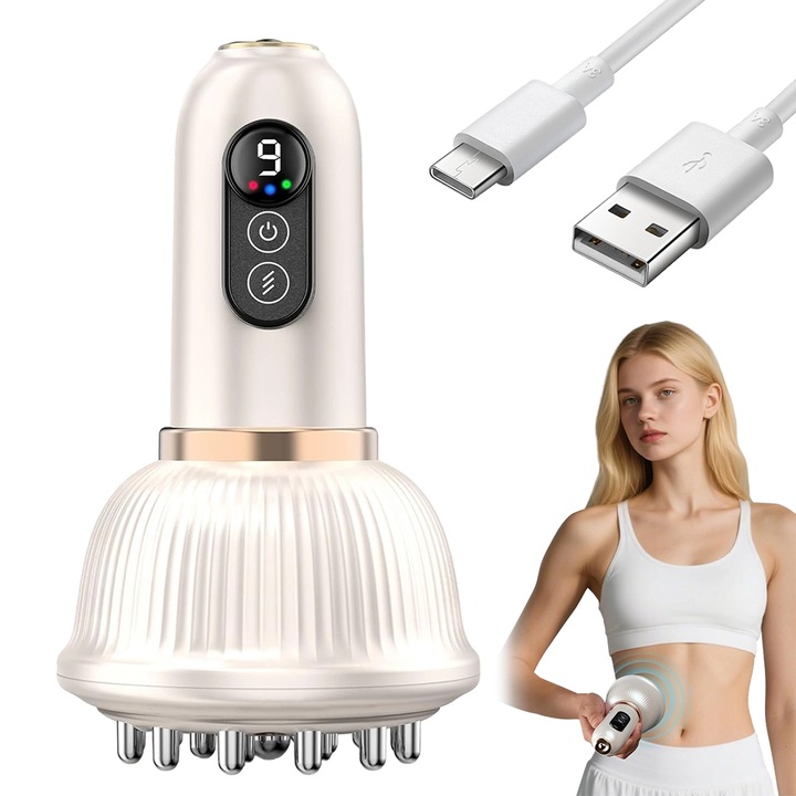 Aparat de masaj anticelulitic, prietenos cu pielea, relaxant, cu vibratii usoare si impulsuri termice pentru picioare, brate, abdomen si coapse, portabil, prietenos cu pielea, relaxant, modelare corporala, 1200 mAh, alb
