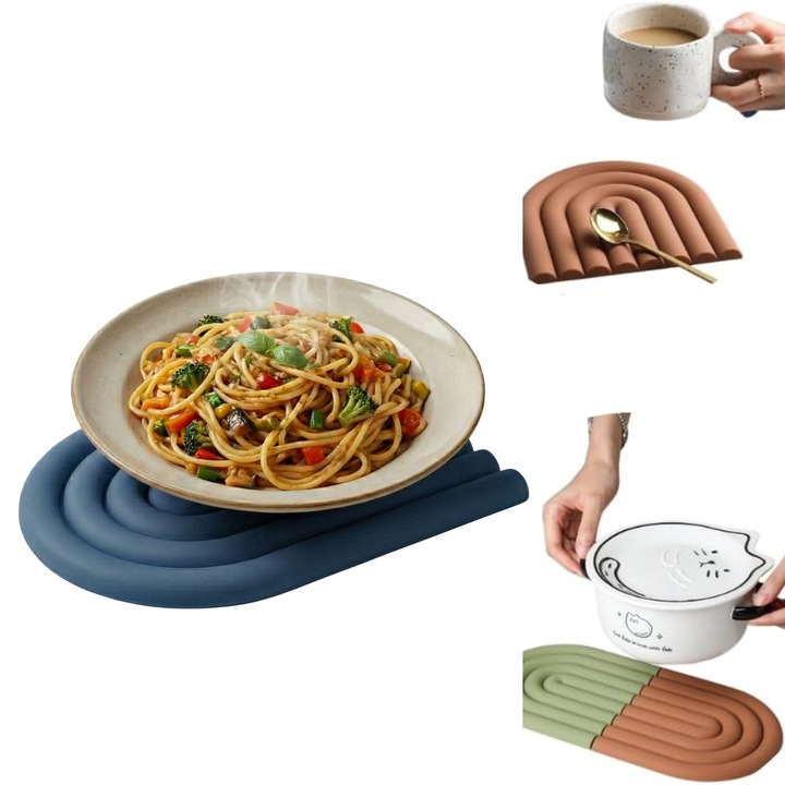 Комплект 2 броя топлоустойчиви силиконови подложки за чинии/чаши Kaylia - противоплъзгащи, топлоустойчиви, защита за маса, модел Дъга, модерен дизайн, подложка за хранене, подложка за чаша, тъмносин, 15x15