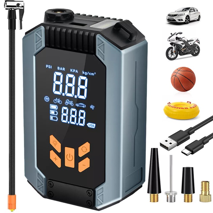 Електрическа помпа за надуване Juksun, 12V, 4000mAh, 45L/min, с LED, комплект с 4 адаптера, 15.5x9x5cm