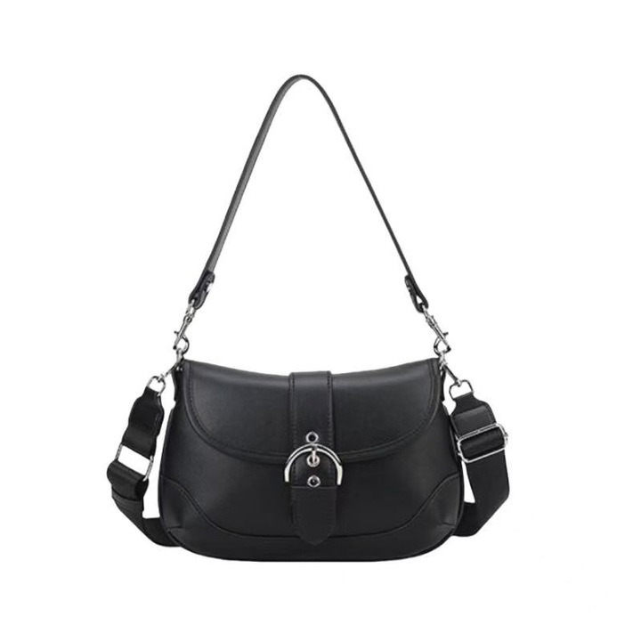 Vintage fekete műbőr válltáska, flip designnal és állítható pánttal