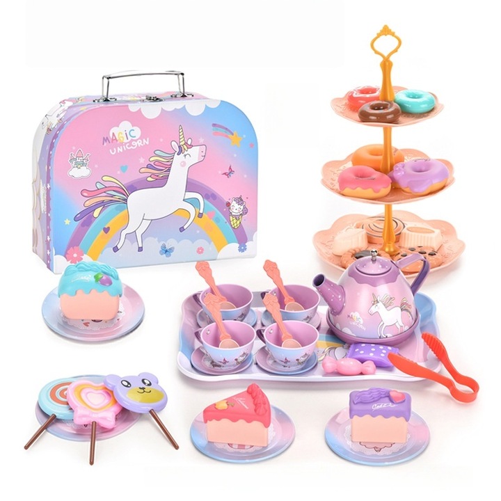 Set de jucarii pentru jocuri de rol pentru copii, 48 piese, Jucarii de Joaca Printesa pentru Petrecearea de Ceai pentru Copii, Ceainice, cesti de ceai, gogosi, biscuiti, bomboane de ciocolata, suporturi pentru deserturi, cutii de depozitare