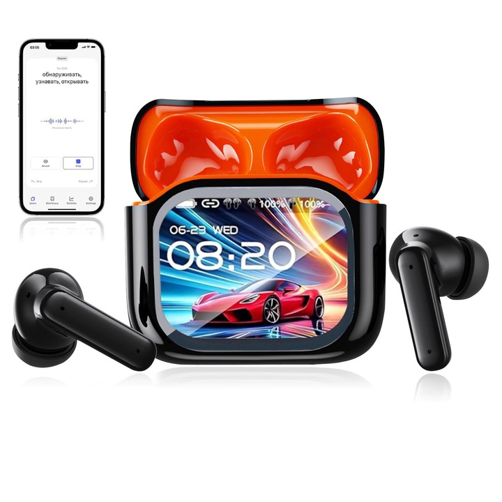 Bluetooth слушалки с превод, 60 часа автономност, 156 езика, тъч контрол, Черно/Оранжево