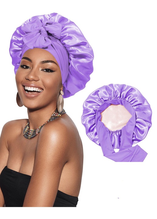 Dupla rétegű szatén hálósipka masnival, műselyem kalap, szépség- és hajápolási sapka, világoslila + bézs, megfordítható