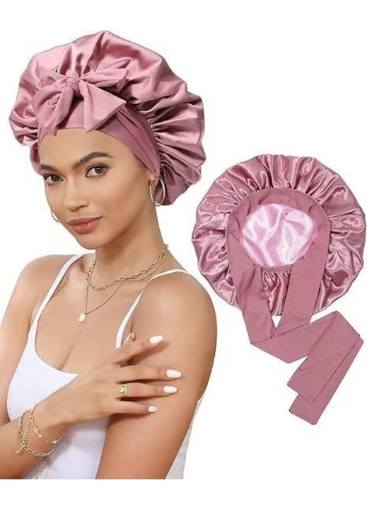 Caciula de somn bicolora cu fundite, elastica, roz corai si roz, pentru par