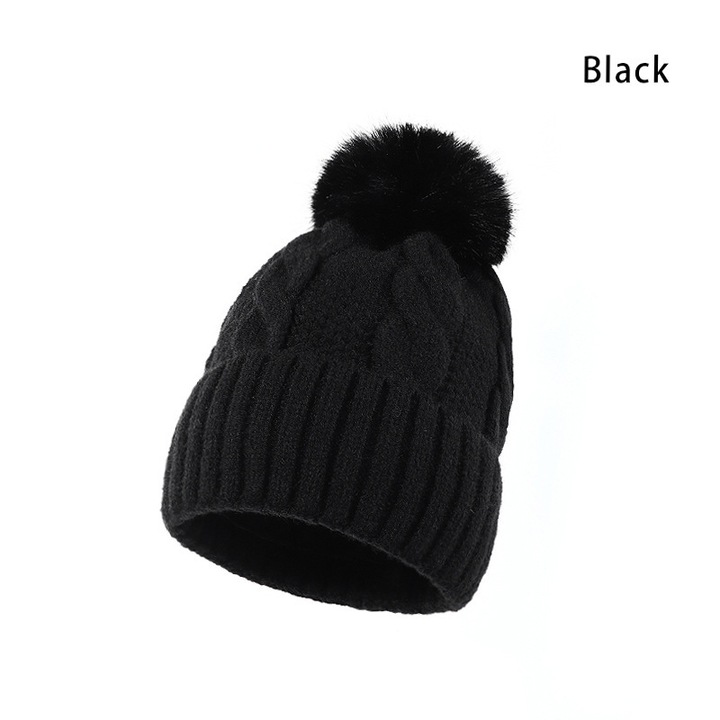 Kötött sapka polár béléssel, fülvédőkkel, sokoldalú pomponos téli sapka, fekete színben