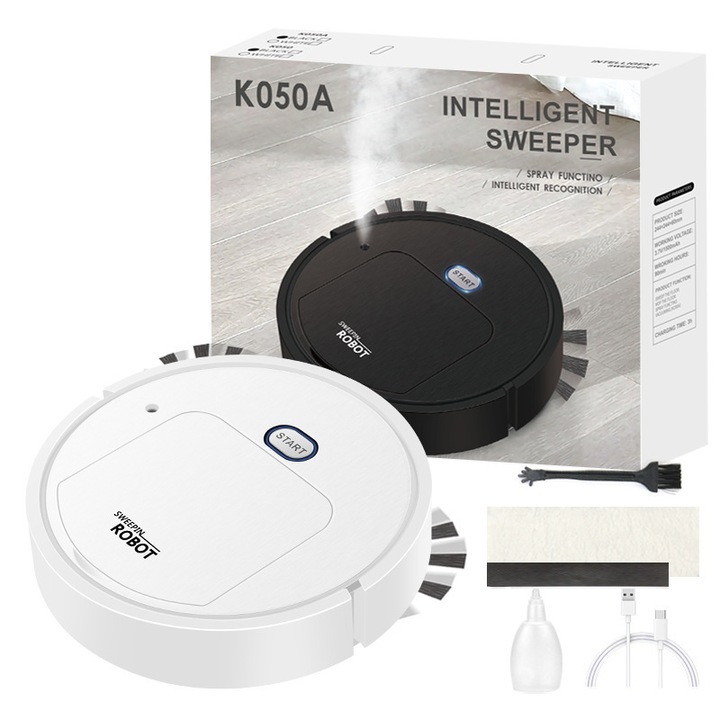 Мултифункционален уред за почистване, робот прахосмукачка, кръгъл дизайн, бял